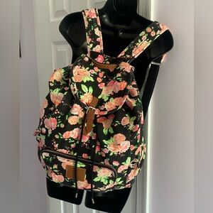 PINK Victoria’s Secret black/pink floral canvas campus backpack